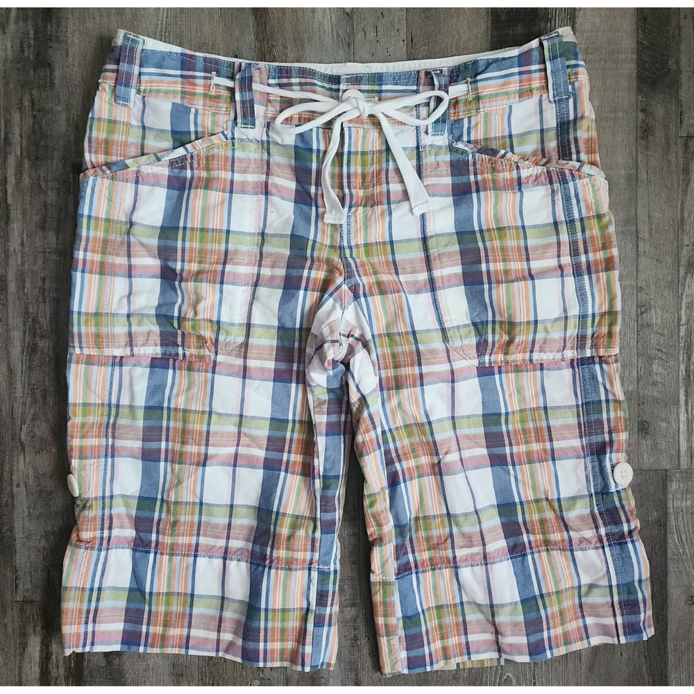 Eddie Bauer Bermuda Shorts Womens 6 Multi Color Plaid Roll Tab Cotton Cargo